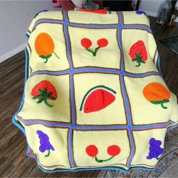 Handmade Other - Handmade Crochet Multicolored Fruit Medley Blanket Spring and Summer Throw 72X54